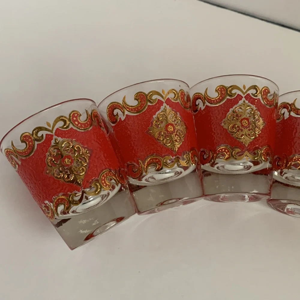VTG Starlyte Barware Shot Glasses Signed Red and Gold Textured Design Set Of Six